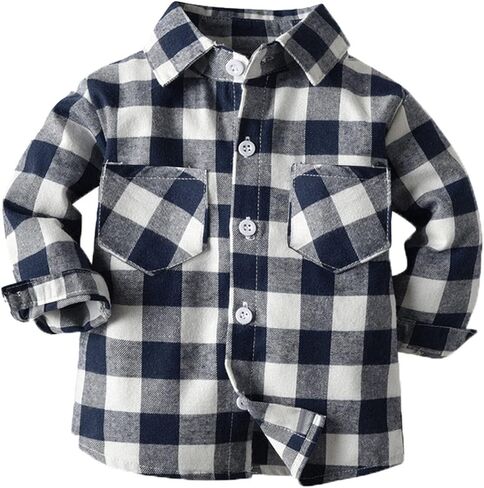 Toddlers and Baby Boys' Button Down Plaid Flannel Shirt Girls Long Sleeve Lapel Collar Checkered Dress Shirts Trendy Shacket in Kuwait