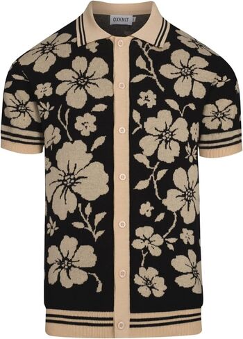 OXKNIT Men's Knit Short Sleeve Shirts Button Down Vintage Florals Plants Pattern Knitted Polo Shirt Black Apricot Polo in Kuwait