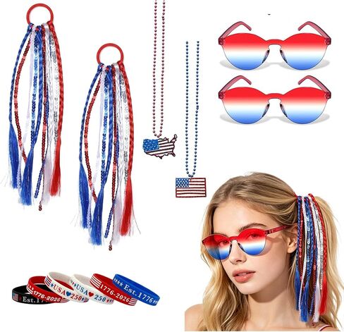 4th of July Patriotic Accessory Set-Red White Blue Party Accessories Sunglasses Necklaces Bracelets for Adult 250 Years in Kuwait