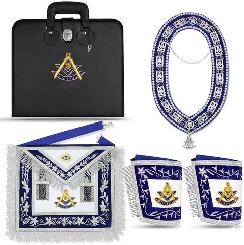 Masonic Regalia Blue Lodge Past Master Complete Bullion Embroidery Set Hand-Embroidered Apron, Chain Collar with Braiding & Jewel, Officer Cuffs & Matching Embroidered Soft Case in Saudi Arabia