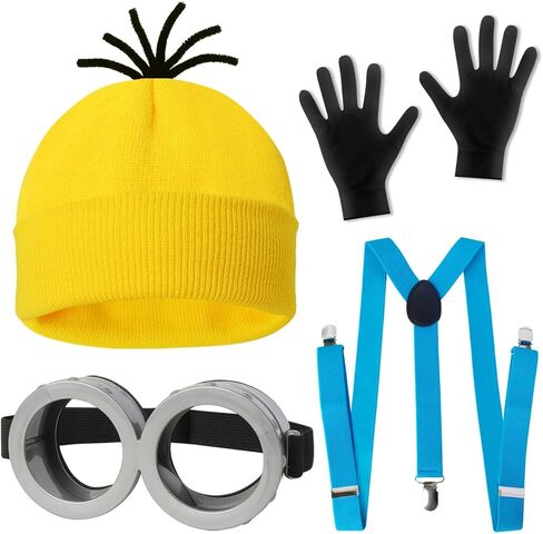 Halloween Costume Accessories Set for Adults, 4 Pieces, Yellow Beanie Hat with Black Gloves, Blue Suspenders and Goggles for Dress Up in Kuwait