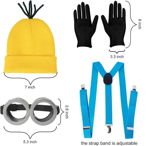 Halloween Costume Accessories Set for Adults, 4 Pieces, Yellow Beanie Hat with Black Gloves, Blue Suspenders and Goggles for Dress Up in Kuwait