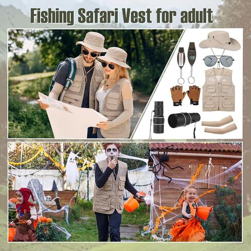 Mepase 8 Pcs Men's Safari Costume Zoo Keeper Fishing Vest Sun Bucket Hat Binocular Compass Gloves for Adults in Kuwait