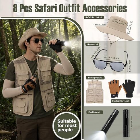 Mepase 8 Pcs Men's Safari Costume Zoo Keeper Fishing Vest Sun Bucket Hat Binocular Compass Gloves for Adults in Kuwait
