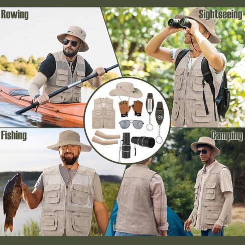 Mepase 8 Pcs Men's Safari Costume Zoo Keeper Fishing Vest Sun Bucket Hat Binocular Compass Gloves for Adults in Kuwait