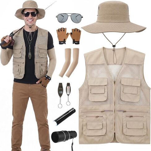 Mepase 8 Pcs Men's Safari Costume Zoo Keeper Fishing Vest Sun Bucket Hat Binocular Compass Gloves for Adults in Kuwait