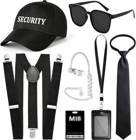 6 Pack Agent Costume Set, Secret Service Spy Agent Costume Accessories Kit, Security Hat, Black Suspenders, Tie, Sunglasses, Fake Earpiece, Lanyard for Halloween Cosplay World Book Day Party in Saudi Arabia