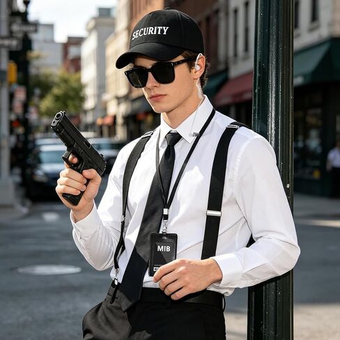 6 Pack Agent Costume Set, Secret Service Spy Agent Costume Accessories Kit, Security Hat, Black Suspenders, Tie, Sunglasses, Fake Earpiece, Lanyard for Halloween Cosplay World Book Day Party in Saudi Arabia