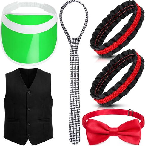 Eurzom 5 Pcs Casino Dealer Vest Costume Set Includes Poker Visor, Bow Tie, Vest, Armband, Poker Card Tie for Las Vegas Game Night in Kuwait