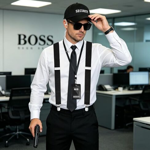 6 Pack Agent Costume Set, Secret Service Spy Agent Costume Accessories Kit, Security Hat, Black Suspenders, Tie, Sunglasses, Fake Earpiece, Lanyard for Halloween Cosplay World Book Day Party in Saudi Arabia