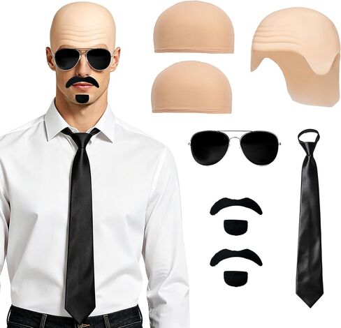MORTICIA 6 PCS Bald Cap Halloween Costume Set with Fake Beard, Sunglasses, Tie, and Hair Cap for Women Men Dress Up Accessories in Saudi Arabia
