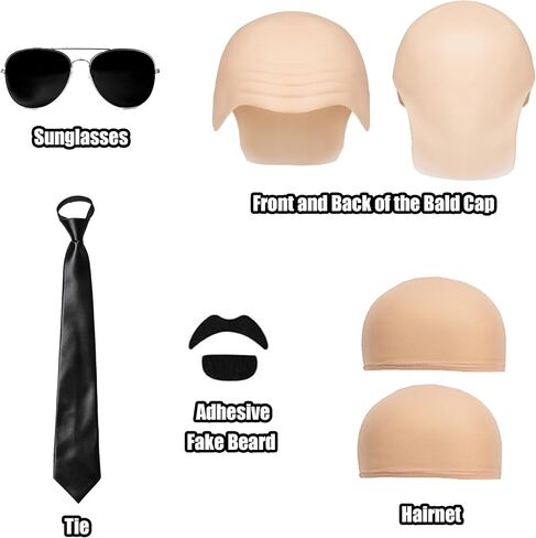 MORTICIA 6 PCS Bald Cap Halloween Costume Set with Fake Beard, Sunglasses, Tie, and Hair Cap for Women Men Dress Up Accessories in Saudi Arabia