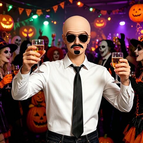 MORTICIA 6 PCS Bald Cap Halloween Costume Set with Fake Beard, Sunglasses, Tie, and Hair Cap for Women Men Dress Up Accessories in Saudi Arabia