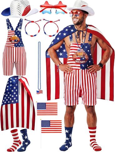 Yahenda 10 Pcs 250th Anniversary Flag Costume for Men with 4th of July American Bibs Overalls Cape USA Patriotic Socks, Sunglasses, Hand-held Flag Sequined Cowboy Hat Glasses Bracelet Necklace Outfit in Kuwait