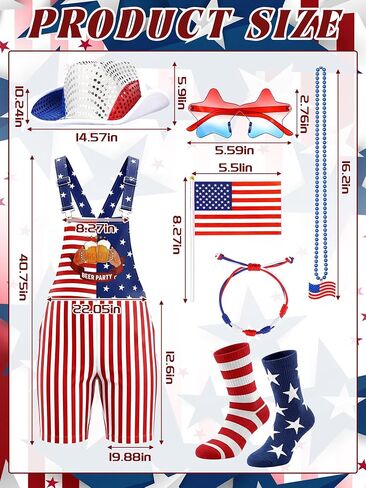 Yahenda 10 Pcs 250th Anniversary Flag Costume for Men with 4th of July American Bibs Overalls Cape USA Patriotic Socks, Sunglasses, Hand-held Flag Sequined Cowboy Hat Glasses Bracelet Necklace Outfit in Kuwait