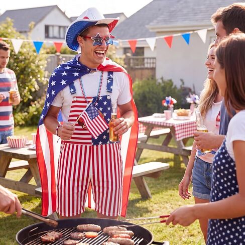 Yahenda 10 Pcs 250th Anniversary Flag Costume for Men with 4th of July American Bibs Overalls Cape USA Patriotic Socks, Sunglasses, Hand-held Flag Sequined Cowboy Hat Glasses Bracelet Necklace Outfit in Kuwait