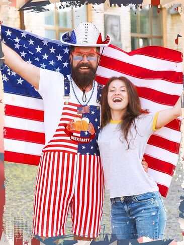 Yahenda 10 Pcs 250th Anniversary Flag Costume for Men with 4th of July American Bibs Overalls Cape USA Patriotic Socks, Sunglasses, Hand-held Flag Sequined Cowboy Hat Glasses Bracelet Necklace Outfit in Kuwait