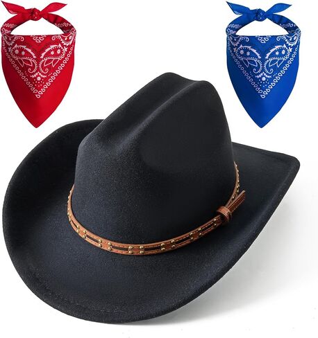 Jastore Cowboy Hat for Kids Boys Girls Cattleman Wide Brim Western Cowgirl Hat with 2 Cowboy Red and Blue Bandanas in Kuwait
