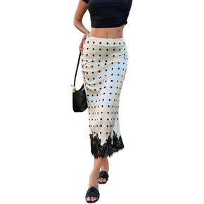 Satin Polka Dot Midi Skirts for Women Elegant Dressy Lace Hem High Waisted A-Line Going Out Long Skirt in Saudi Arabia