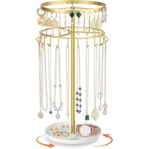 LANDNEOO Necklace Holder Jewelry Organizer, 360° Rotating 3-Tier Jewelry Stand Display, 14.3" Holds 80 Pcs, Earring Holder, Bracelet Ring Holder, Jewelry Organizer and Storage For Women Vanity Dresser in Kuwait