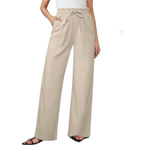 Womens Linen Wide Leg Pants, High Waisted Flowy Palazzo with Pockets Summer Drawstring Trousers Beach Travel Work in Saudi Arabia