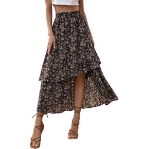 EARKOHA Long Skirt with Slit Elastic Waist Layered Flowy Floral Boho Ruffle Maxi Skirt with Pockets for Beach Vacation in Saudi Arabia