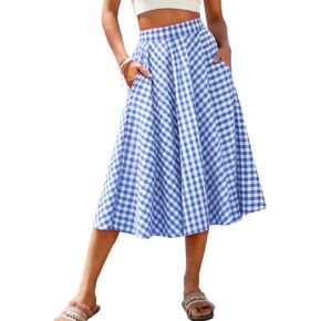 Mansy Women's Gingham Plaid Midi Skirt Elastic High Waist Boho Pleated Flowy Casual Summer Skirt with Pockets for Daily in Saudi Arabia