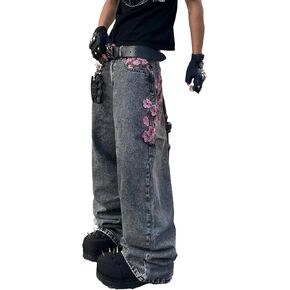 DFGIGT Mens Baggy Jeans Embroidered Wide Leg Jeans Hip Hop Denim Pants Relaxed Skater Loose Fit Trousers Streetwear in Kuwait