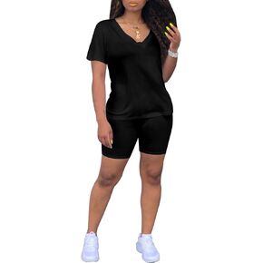 Ulovmi 2 Piece Sets For Women Summer Short Set V Neck Biker Shorts Bodcyon Workout Jogger Tracksuit in Kuwait