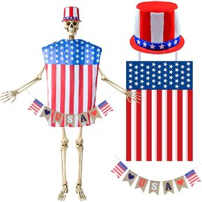 3PCS 12 Ft Skeleton Patriotic Outfits Accessories 4th of July Skeleton Costume Hat, Vest, USA Flag Banner Skelly Outfit Set Giant Skeleton Clothes for Garden Lawn Decor Independence Day Celebration in Saudi Arabia