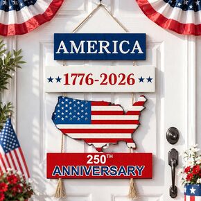Fuutreo 250 Anniversary 4th of July Door Sign 250th Anniversary 1776-2026 US Wreath Patriotic Independence Door Hanger Wooden Plaque Wall Decor Hanging Sign for Home Porch Outdoor Decor in Saudi Arabia