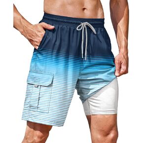 Mens Swim Trunks with Compression Liner Mesh 9" Quick Dry Pockets 2 in 1 Graphic Beach Shorts (S-XXL) in Saudi Arabia