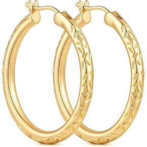 Gold Hoop Earrings 14K Gold Earrings for Women 14K Gold Hoop Earring for Women Leaf-Inspired Engraved Texture Hoops Earring for Womens Hoops 25/30MM in Saudi Arabia