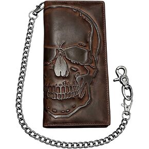 Skull Long Bifold Wallet for Men Full Grain Cowhide Genuine Leather Biker Wallet with Chain, RFID-Blocking, Brown in Saudi Arabia