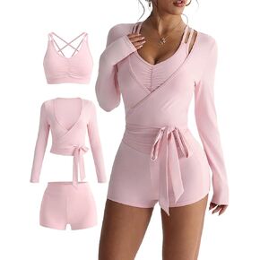 Womens 3 Piece Tracksuit Set with Removable Pads Sports Bra, High Waist Biker Shorts, Pilates Wrap Tie Top in Saudi Arabia