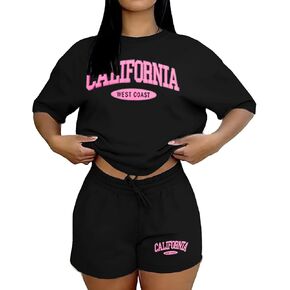 Ulovmi Women 2 Piece Lounge Outfit Graphic Print T Shirt Shorts Set Casual Matching Sweatsuits With Pockets in Kuwait