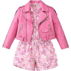 Toddler Girl 3PCS Outfit Pink Floral Set with Faux Leather Jacket Kids Clothes 2-8Y in Saudi Arabia