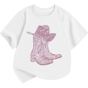 Girls Western Cowgirl Shirt Rodeo Graphic Shirts Kids Shiny Sparkling Rhinestone Hat Boots Print Tee Tops in Saudi Arabia