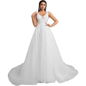 Women's V-Neck Lace Wedding Dress Sleeveless A-Line Bridal Gown with Train in Saudi Arabia