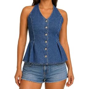 Womens Denim Halter Top Peplum Flare Corset Style Back Smocked Elastic Waist Summer Going Out Fitted Jean Top in Saudi Arabia
