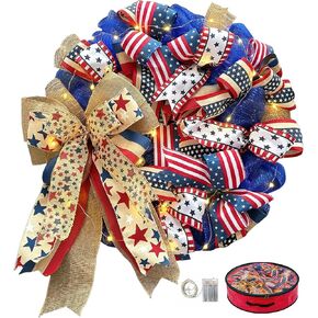 250th Anniversary Patriotic Wreaths for Front Door, 24 Inch Large 4th of July Decorations, Handcrafted Ribbon Burlap Bow, Red White and Blue Memorial Day Wreath with Lights & Storage Bag in Saudi Arabia