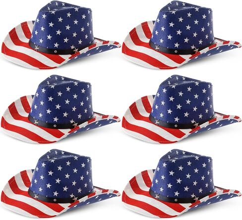Frienda 6 Pack American Flag Cowboy Hats, Unisex USA Patriotic 4th of July Sun Hats for Men Women Parties, Parades, Rodeo in Kuwait