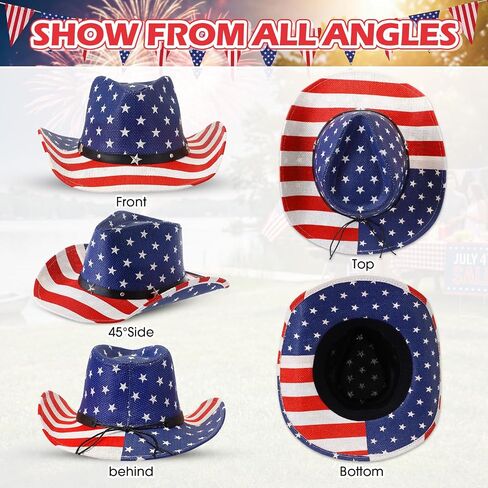 Frienda 6 Pack American Flag Cowboy Hats, Unisex USA Patriotic 4th of July Sun Hats for Men Women Parties, Parades, Rodeo in Kuwait
