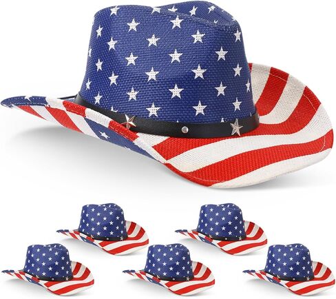 Frienda 6 Pack American Flag Cowboy Hats, Unisex USA Patriotic 4th of July Sun Hats for Men Women Parties, Parades, Rodeo in Kuwait