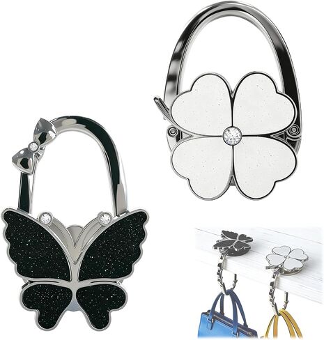 2Pcs Table Purse Hook, Handbag Holder for Table, Butterfly and Four Leaf Clover Foldable Handbag Hangers, Portable Lightweight Handbag Hooks for Women, Travel and Office Use in Kuwait