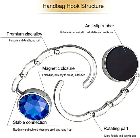 6 PCS Crystal Handbag Hooks for Tables, Portable Folding Purse Hanger, Non-Slip Bag Holder for Restaurant Office Home, Magnetic Closure, Alloy Metal, Easy to Carry in Saudi Arabia