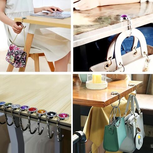 6 PCS Crystal Handbag Hooks for Tables, Portable Folding Purse Hanger, Non-Slip Bag Holder for Restaurant Office Home, Magnetic Closure, Alloy Metal, Easy to Carry in Saudi Arabia
