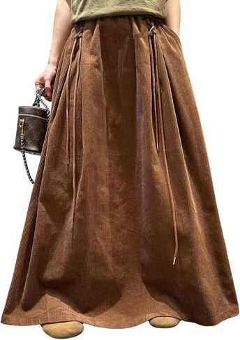 ebossy Womens Vintage Corduroy Long Skirt Elastic High Waist Tie Up A-Line Flared Pleated Maxi Skirt with Pockets in Kuwait