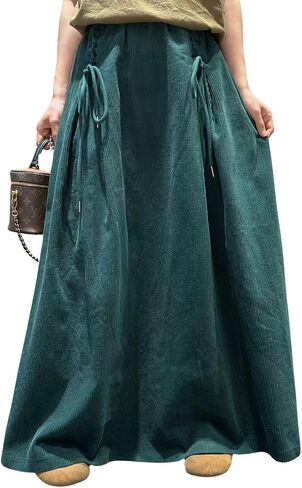 ebossy Womens Vintage Corduroy Long Skirt Elastic High Waist Tie Up A-Line Flared Pleated Maxi Skirt with Pockets in Kuwait