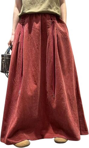 ebossy Womens Vintage Corduroy Long Skirt Elastic High Waist Tie Up A-Line Flared Pleated Maxi Skirt with Pockets in Kuwait